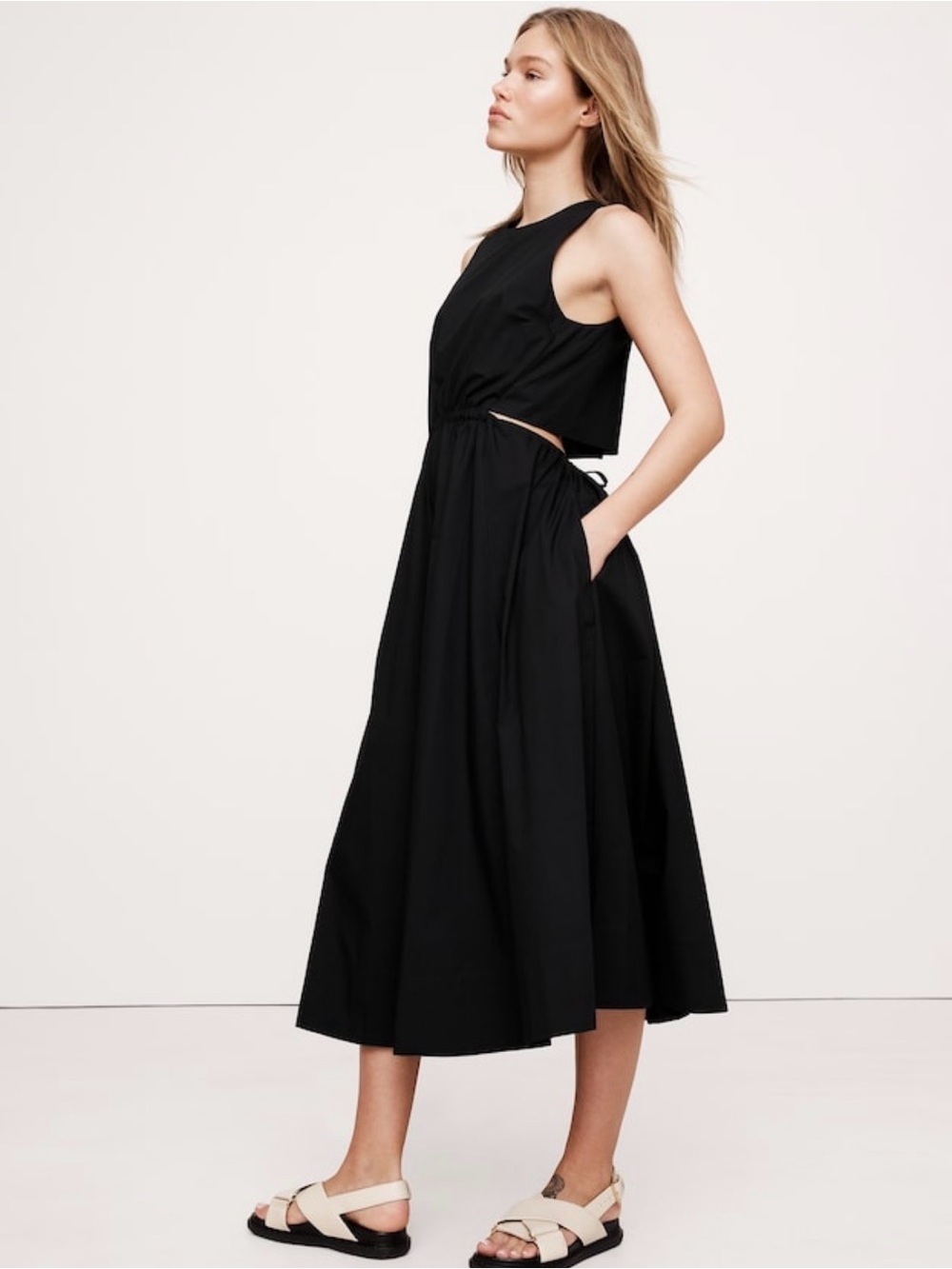 NWT Banana Republic Cotton Poplin Cut Out Black Midi Dress Sz XXS.